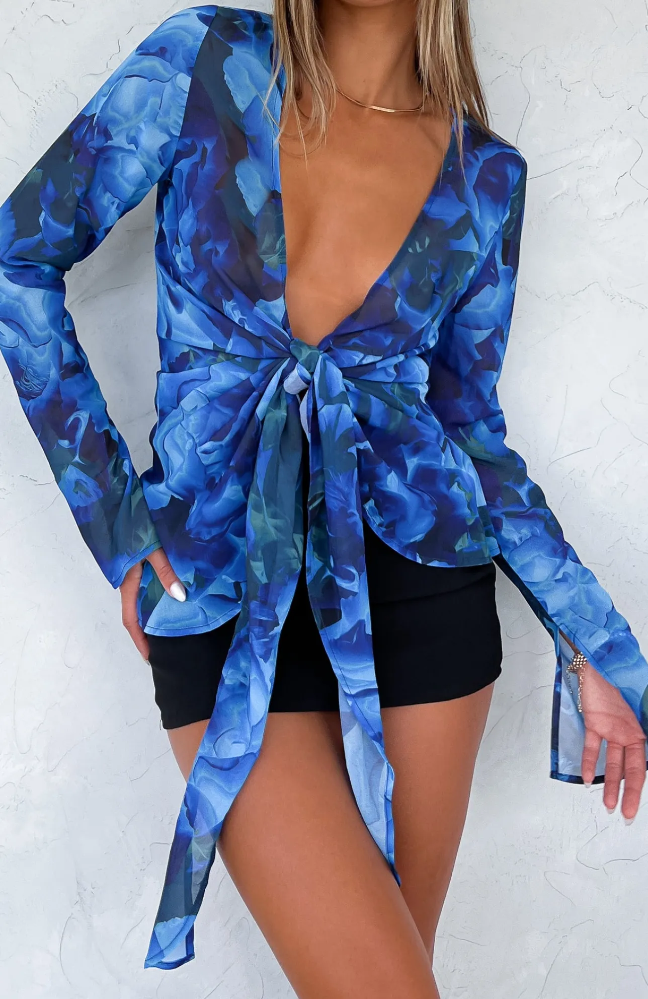 White Fox Boutique Admire Me Tie Front Long Sleeve Top Luminescent Floral blue Clearance