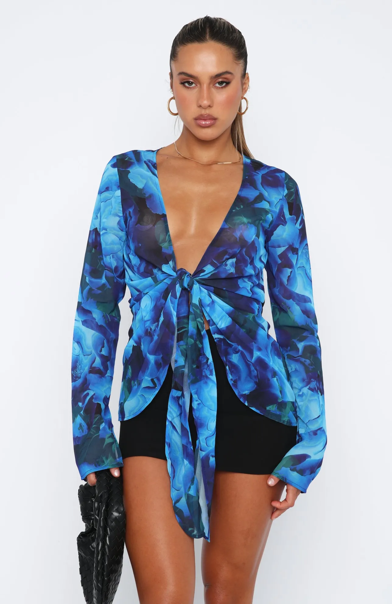 White Fox Boutique Admire Me Tie Front Long Sleeve Top Luminescent Floral blue Clearance