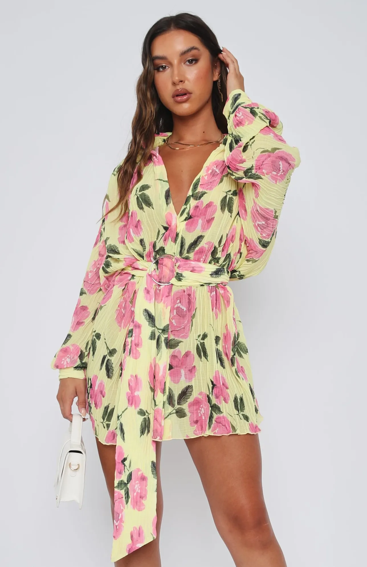 White Fox Boutique You Drive Me Crazy Long Sleeve Mini Dress Lemon Rose yellow Cheap
